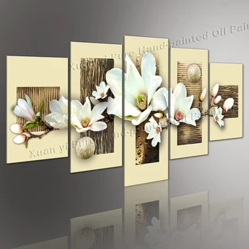 100% Ručne Maľované Biely Kvet, Obrázky Na Stenu Umenie Moderné Dekoratívne 5 Kus Olejomaľby Na Plátne Pre Spálne Domáce Dekorácie Obrázok