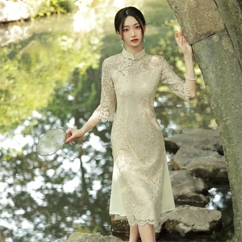 2023 Lete Kompozitné Čipky Cheongsam Elegantné Aodai Tradičné Vietnam Čínsky Štýl Večer Tradičné Šaty Qipao pre Ženy Obrázok