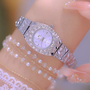 2023 Nová Žena Sledovať Luxury Diamond Silver Clock Pre Ženy Móda Quartz Náramkové Hodinky Dámske Šaty Sledovať Drahokamu Malé Dial Obrázok