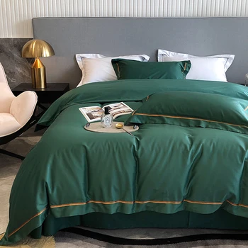 2023 Nový 60 Dlho Velvet Výšivky Pruhované Farby Zodpovedajúce Štyri-dielna Sada Z Čistej Bavlny Luxusná posteľná bielizeň Môže Byť Prispôsobený Zelená Obrázok