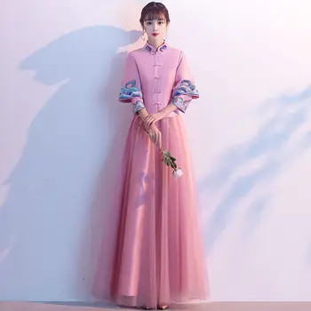 2023 Ružová Bridesmaid, Šaty Čínsky Stand Up Golier Svadobné Šaty Tri Štvrtiny Rukávy Lady Style Hanfu Tang Čínsky Oblek Obrázok