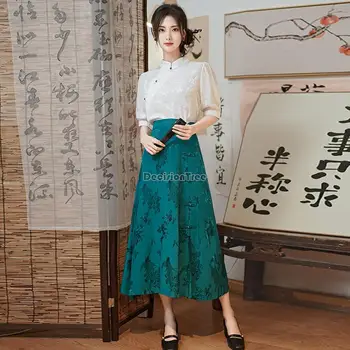2023 čínsky národný štýl nového polovicu tela modrej sukne žakárové vysoký pás sukne a-line štrbinou pracky retro dvoch-dielny qipao nastaviť Obrázok