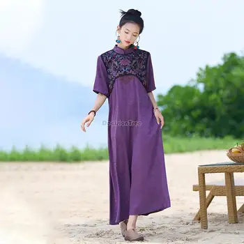 2023 čínsky národný štýl ženy, stojan golier, krátky rukáv ročníka výšivky šaty žakárové módne fialové dlhé šaty s279 Obrázok