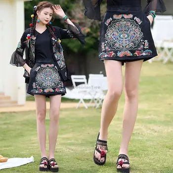 2023 čínskych etnických štýl nové módne retro vyšívané saténové krátke sukne, nohavice národnej elegantné ženy každodenné bežné sukne s182 Obrázok