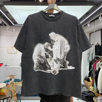 American High Street KNAYE Západ Abstraktný Obrázok Vykúpenia Vytlačené Retro tričko Muži Ženy Voľné Hip Hop Robiť Starých T-shirt Obrázok