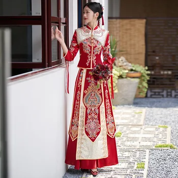 Cheongsam Tradičné Čínske Svadobné Šaty Orientálne Ženy Toast Oblečenie Flitrami Lištovanie Qipao Obrázok