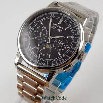 Corgeut 42mm automatické hodinky pre človeka multifunkčné týždni, dátum, mesiac zobraziť kalendár, fázy mesiaca oceľ náramok Obrázok