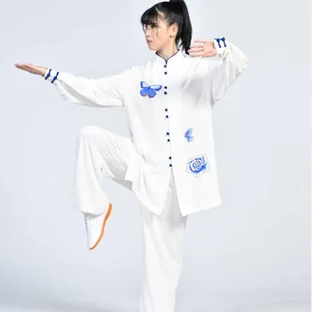 Elastické Pearl Bavlna Bojové Umenie Tai Chi Vyhovovali Ranné Cvičenie Bojových Umení Výkon Oblečenie, Módne Motýľ Výšivky Top Obrázok