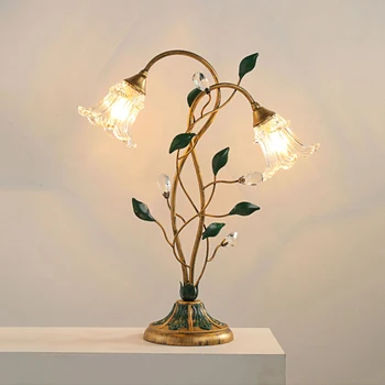 Francúzsky Romantický Kvet Ploche E14 Dekoratívne Svetlo Domov Obývacia Izba Nočný Stolík Sklo, Meď Zelenej Listovej LED Stolové Lampy Obrázok