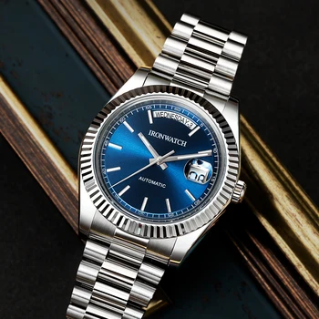 Ironwatch pánske Luxusné Náramkové hodinky 40 mm, Modrý Ciferník Sapphire Deň-Dátum Automatický Pohyb Mechanické Hodinky 10Bar Nepremokavé Lume Obrázok