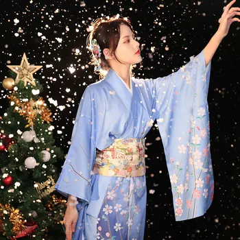 Jar Harajuku Župan Šaty Žien Tradičné Japonské Kimono Vintage Blue Print Kvet Geisha Kimono Cosplay Fáze Kostým Obrázok