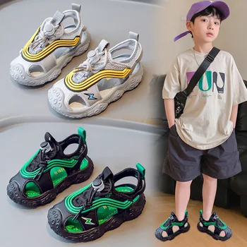 Letné Chlapčenské Športové Sandále detské Anti Kop Pláže Topánky Dieťa Prst Ochrany Duté Mimo Školy Mäkké Jediným Sandále Obrázok