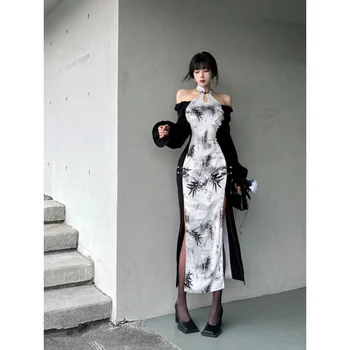 Letné Lepšiu Moderné Cheongsam Šaty Žien Elegantné Čierne Biele Rameno Bambusu Vytlačené Šitie Rukávov Šaty Qipao Sexy Obrázok