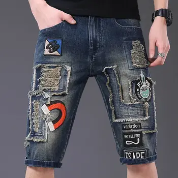 Letné príliv značky denim šortky pánske otvor osobnosti šitie poškriabaniu patch výšivky retro päť-bod nohavice krátke džínsy Obrázok