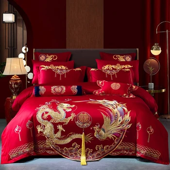 Luxusné Čínske Svadobné Golden Dragon Phoenix Výšivky Červená Posteľná Bielizeň Z Egyptskej Bavlny Nastaviť Perinu Posteľná Bielizeň List Obliečky Na Vankúše Obrázok