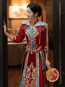 Luxusné Ženy Vyšívanie Korálkami Strapec Tang Vyhovovali Red Čínske Tradičné Svadobné Šaty Dlhé Orientálnou Nevesta Šaty Obrázok