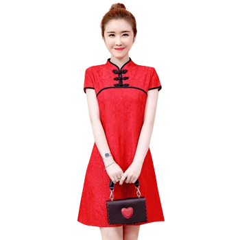 M-4XL Plus Veľkosť Módne, Elegantné Vintage Čínskej Tradičnej Bežné Strany Žien Šaty Letné Červená Čierna Čipka Cheongsam Šaty Obrázok