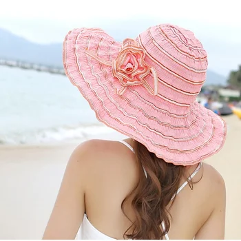 Móda Ženy Klobúk Kvet Packable Veľké Široký Okraj Klobúka Anti-UV Nastaviteľné Dámy Beach Sun Hat Obrázok