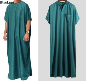 Nové 2023 Mužov Islamskej arabčina Kaftan Vintage Pevné Krátky Rukáv Voľné Retro Šaty Abaya Dubaj Blízkom Východe Moslimské Oblečenie S-5XL Obrázok