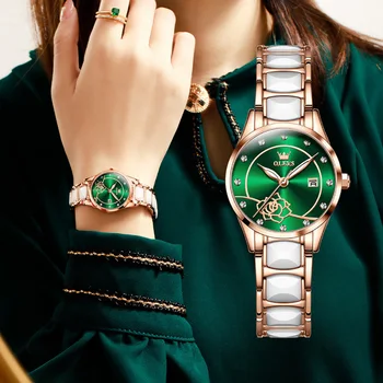 OLEVS 3606 Módne Import Stroj Core Hodinky pre Ženy, Nepremokavé Keramické Popruh Japan Quartz Ženy Náramkové hodinky Svetelný Kalendár Obrázok