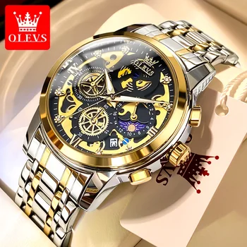 OLEVS Hodinky pre Mužov Top Značky Luxusné Originálne Nepremokavé Quartz Muž náramkové hodinky Zlaté Kostra z Nehrdzavejúcej Ocele Reloj Hombre Obrázok