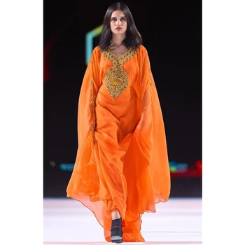 Orange Nového Kráľovského Islamskej Moderný Elegantný Dubaj Marocký Dlhé Tričko Arabčina Šaty Obrázok