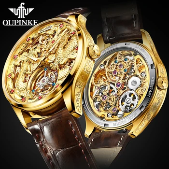 OUPINKE Značky Luxusné Hodinky Tourbillon pre Mužov Mechanické Sapphire Crystal Nepremokavé Gold Dragon Náramkové hodinky Kostra Transparentné Obrázok
