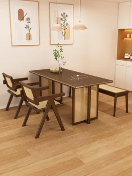 Popol stôl a stoličky, masívneho dreva obdĺžnikový stôl, stravovanie, ratanový stôl Obrázok