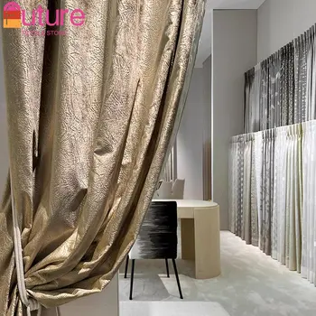 Prispôsobený Diamond Velvet Textílie Zlato Textúra Žakárové Pribrala a Tieňovanie Závesy pre Obývacej Izby, Spálne Villa Vysoké Okno Obrázok