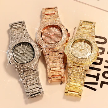 Pár Luxusné Quartz Hodinky pre Mužov, Ženy Zlata Plné Diamond Vložkou Reloj Dámske Náramkové hodinky Muž Hip Hop Muž Hodiny Hombre Masculino Obrázok