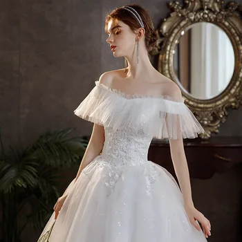 Svadobné Šaty Off Ramenný Princezná Podlahy-Dĺžka biele šaty svadobný závoj klasické jednodielne šaty H233 Obrázok