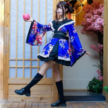 Tradičné Japonské Lolita Anime Cosplay Kostým Kimono Šaty pre Ženy Sakura Yukata Tutu Kawaii Dievča Haori Party Stage Oblečenie Obrázok