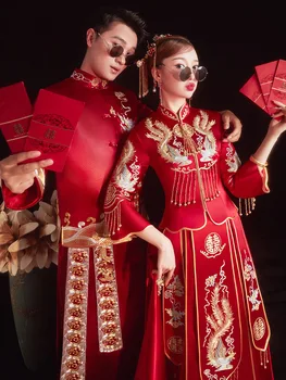 Tradičné Strapec Výšivky Phoenix Nevesta Cheongsam Manželstva Vyhovovali Klasickej Čínskej Pár Žien, Mužov, Svadobné Šaty Vestidos Obrázok