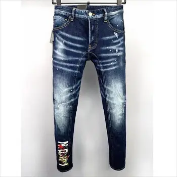 Trendy Bežné Otvor Sprej Maľované Jeans pánske List Tlač Módne High Street Džínsové Tkaniny Nohavice A601 Obrázok