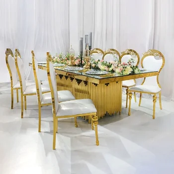 Veľkoobchod luxusné banquet tabuľka nehrdzavejúcej ocele base so sklom alebo mdf top obdĺžnik svadobné písacie stoly, nastaviť Obrázok