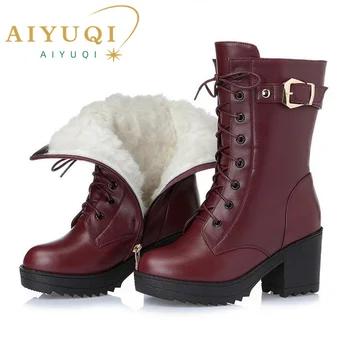 Vysoké podpätky pravej kože ženy, zimné topánky hrubé vlny teplé ženy Vojenské topánky high-kvalitné ženské čižmy K25 Obrázok
