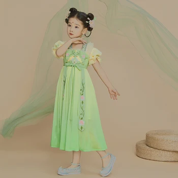 Vysokú Kvalitu Výšivky Hanfu pre Dievčatá, Deti, Deti Dunenia Tanec Princezná Šaty Tradičné Čínske Oblečenie Letné HFT019 Obrázok