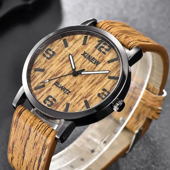XINEW Sledovať Mužov Dreva Hodinky Drevená Textúra Imitácia Kožený Retro Band náramkové hodinky Quartz Mužov Relogio Masculino Reloj Hombre Obrázok