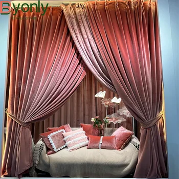 Závesy pre Obývacia Izba Luxusné Ružová Velvet High-grade Bohatý Lesk Kvitnúce Luxusná Vila francúzska Princezná Villa tieňovanie Obrázok