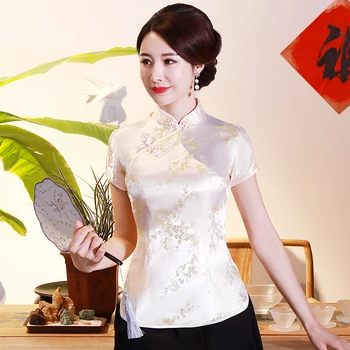 Čínske Tradičné Ženy Top Plus Veľkosť 3xl 4xl Saténová Blúzka Kvet Tričko Retro Ručné Tlačidlo Tričká Krátky Rukáv Kostým Obrázok