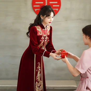 Čínsky Vyšívané Svadobné Šaty Svadobné Cheongsam pre Ženy Červené Víno Morská víla Večerné Šaty, Kostým Qi Pao Dlhé Elegantné Šaty Obrázok