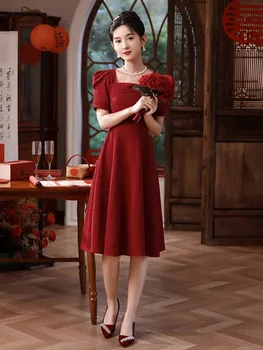 Čínsky Štýl, Nevesta Burgundsko Svadobné Šaty Vintage Elegantný Krátky Rukáv Toast Oblečenie Cheongsam Vestidso Obrázok