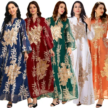Šaty Abaya Zlaté Korálky Vyšívané Priadza Moslimských Žien Dubaj Arabských Európskych a Amerických Módnych Trendov Obrázok