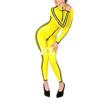 Žltá Latex Catsuit Gumy Kombinézu Predné Zip s Čiernou Obrubou Jumpsuit Zákazku Halloween Cosplay Kostým Party oblečenie Obrázok